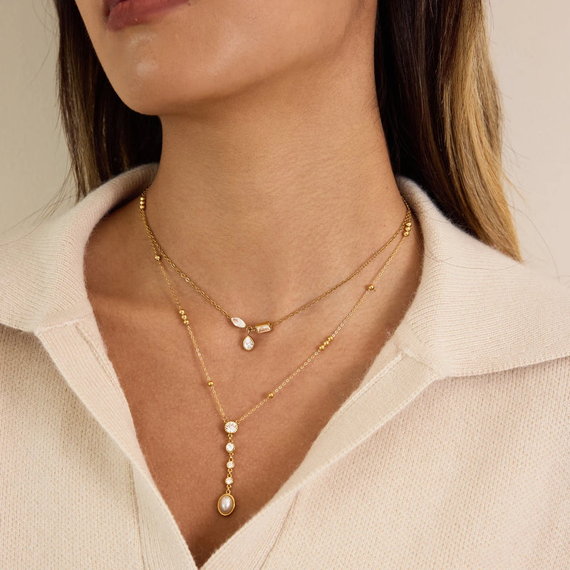 Kika Classic Plated Gold Color Stainless Steel Imitation Pearl Y-Shaped Chain Necklace
