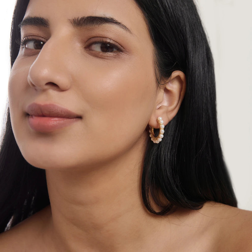 KIKA Elegant Zircon Imitation Pearl Earrings For Women 18K Gold Plated Stainless Steel C Shape Stud Earrings Fashion Jewelry
