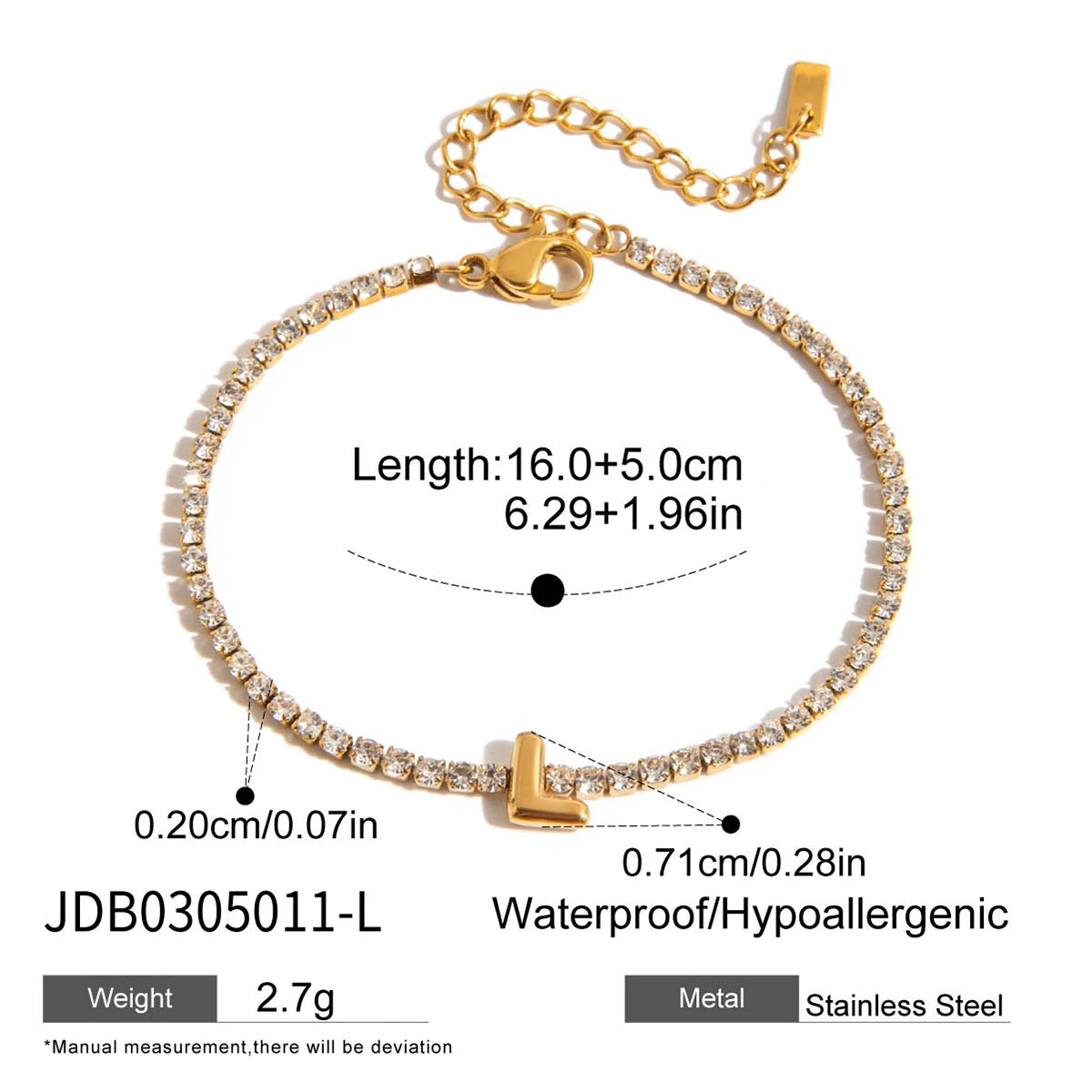 Stainless Steel White Rhinestone Chain Twelve Letter Bracelet