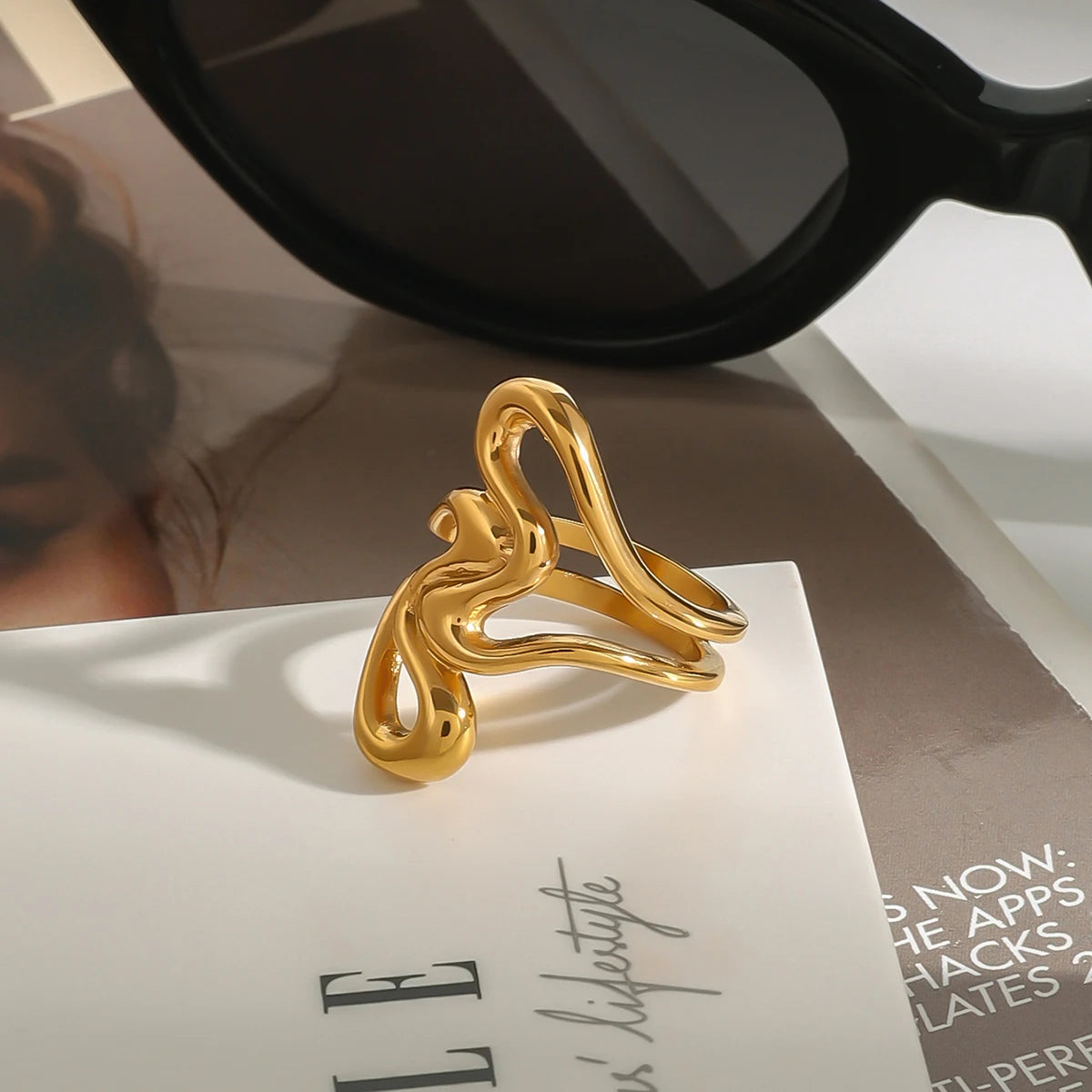 Kika Minimalist Stainless Steel Line Ring Two tone Irregular