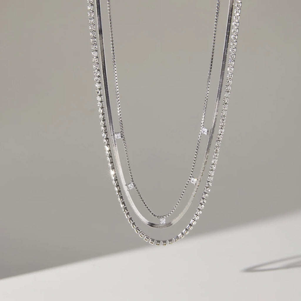 Kika Delicate Steel Color Square White Zircon Pendant Three-Layer Multi-Layer Necklace