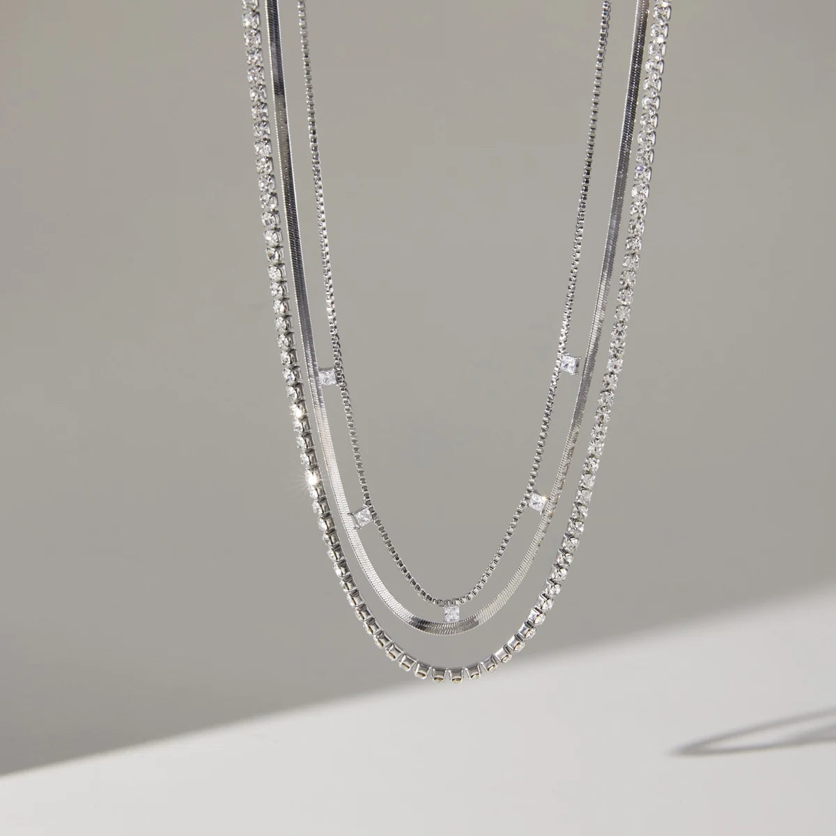 Kika Delicate Steel Color Square White Zircon Pendant Three-Layer Multi-Layer Necklace