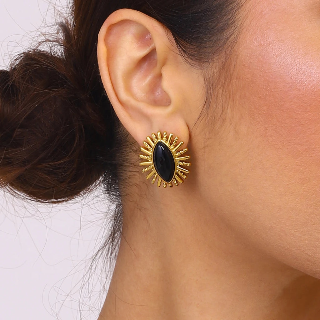 Black Stone Earrings Statement Golden Metal