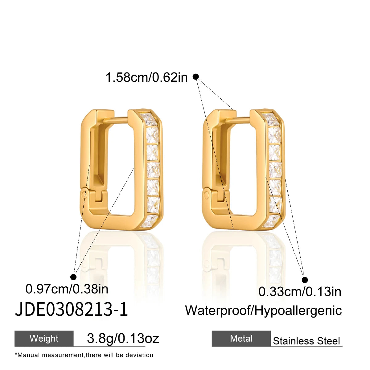 KIKA Square Zircon Geometric Clip Earrings For Women Classic 18K Gold PVD Plated Stainless Steel Earrings Fashion Jewelry Gift
