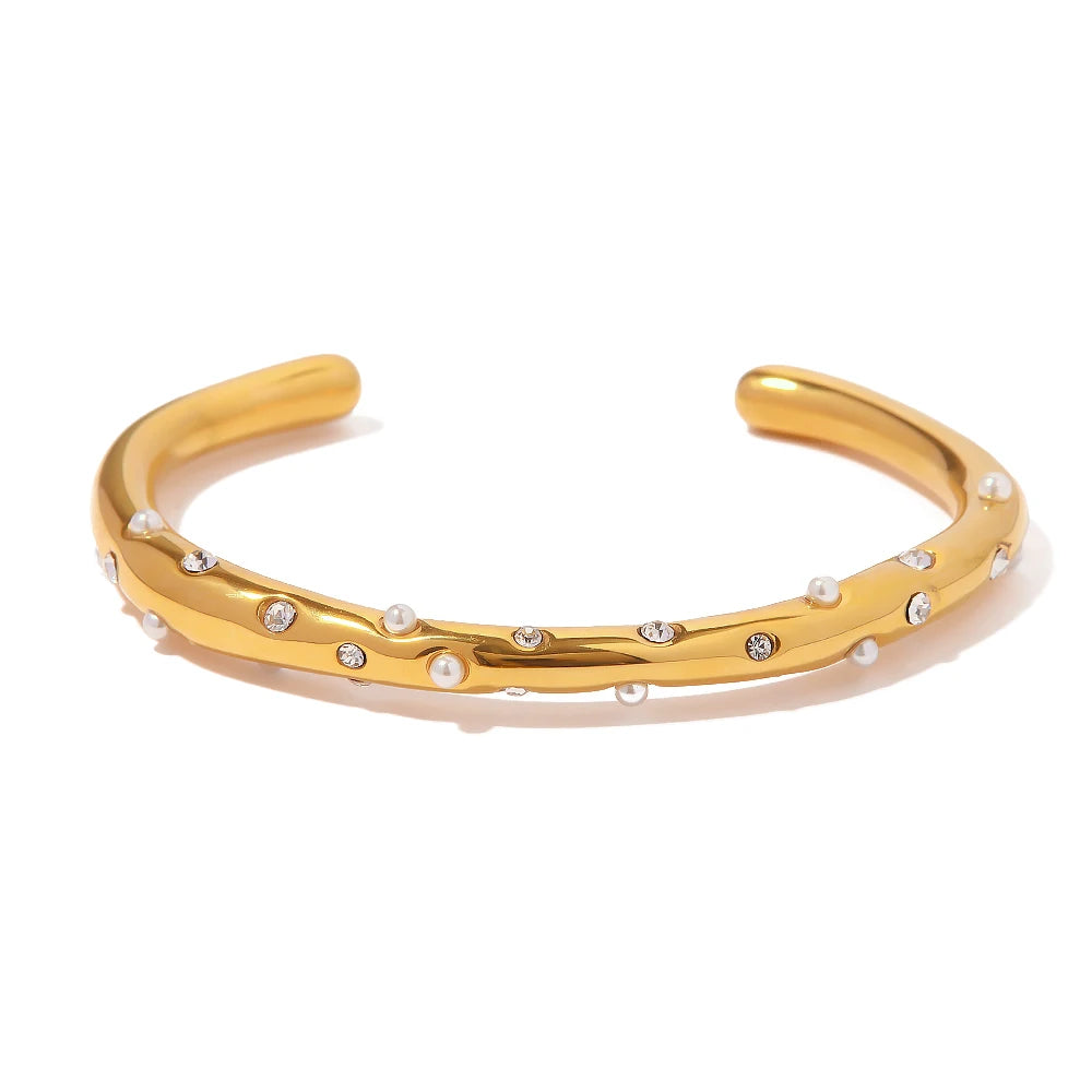 Kika Waterproof Metal Texture 18K Gold Color Stainless Steel Cuff Open Bracelet Bangle