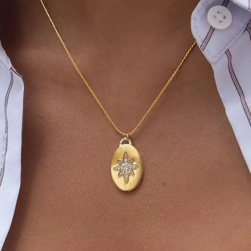 Kika Crystal Star Oval Pendant Necklace Minimalist 18K Gold PVD Plated Stainless Steel 316L