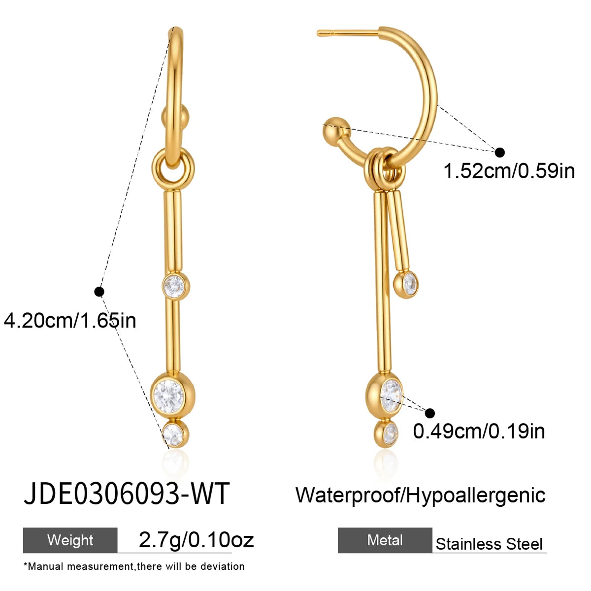 KIKA Geometric Zircon Long Drop Earrings PVD 18K Gold Plated Stainless Steel 316L
