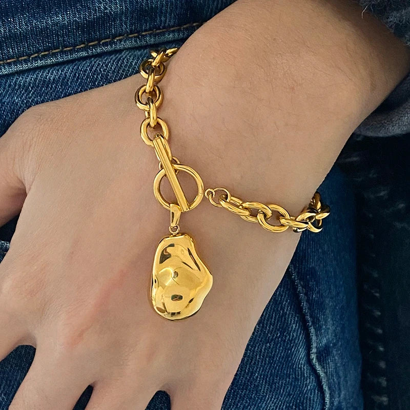 KIKA Minimalist Alien Steel Ball Pendant Bracelet Stainless Steel Cross Chain OT Buckle Bracelet Stackable Women's Jewelry