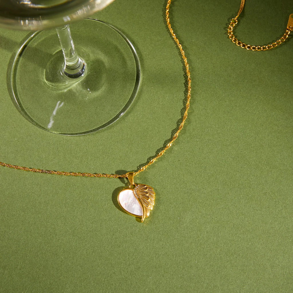 Kika Elegant White Shell Heart Wing Pendant Necklace