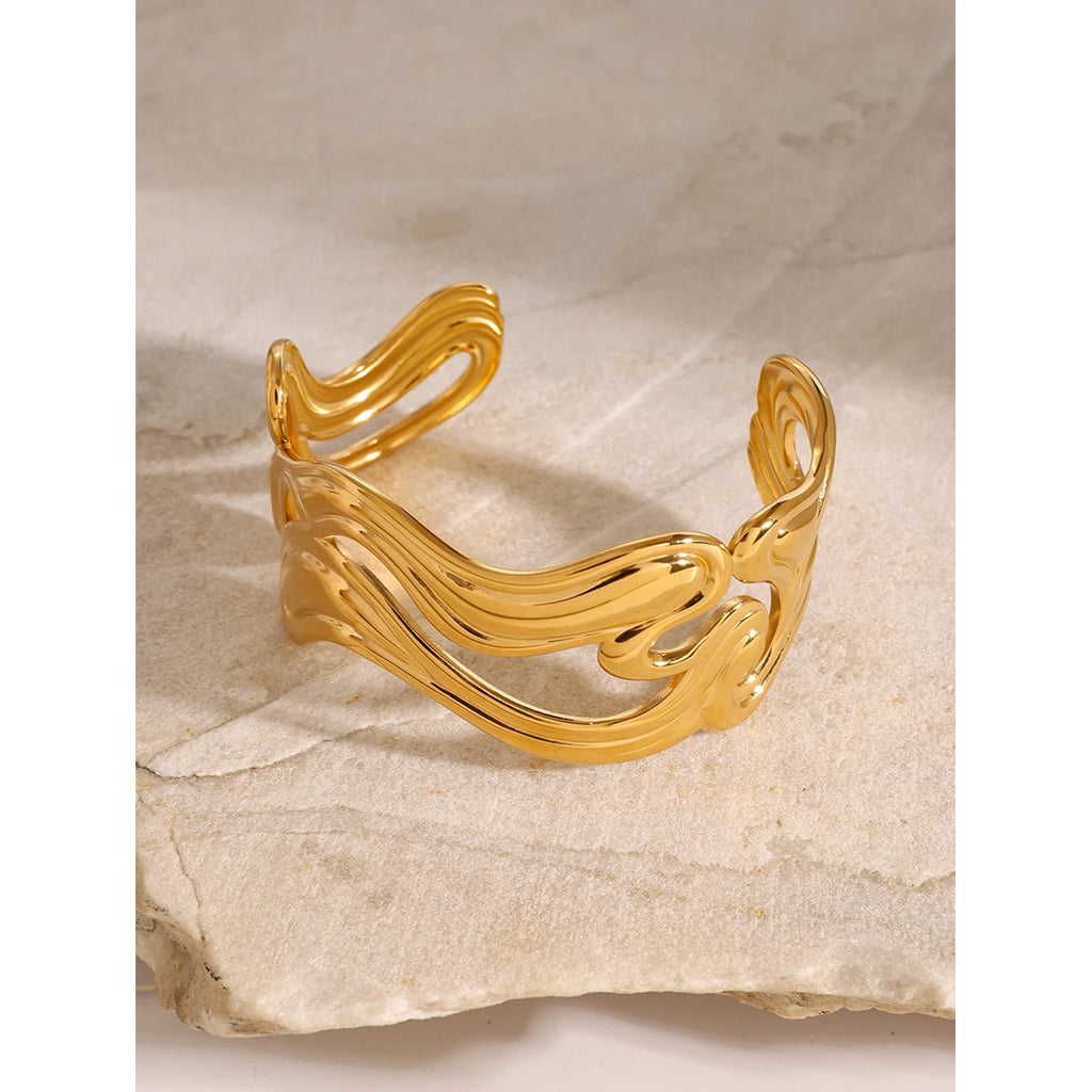 KIKA Waterproof 316l Stainless Steel Irregular Exaggerated Big Cuff Bracelet Bangle Stylish Unique Design Golden Charm