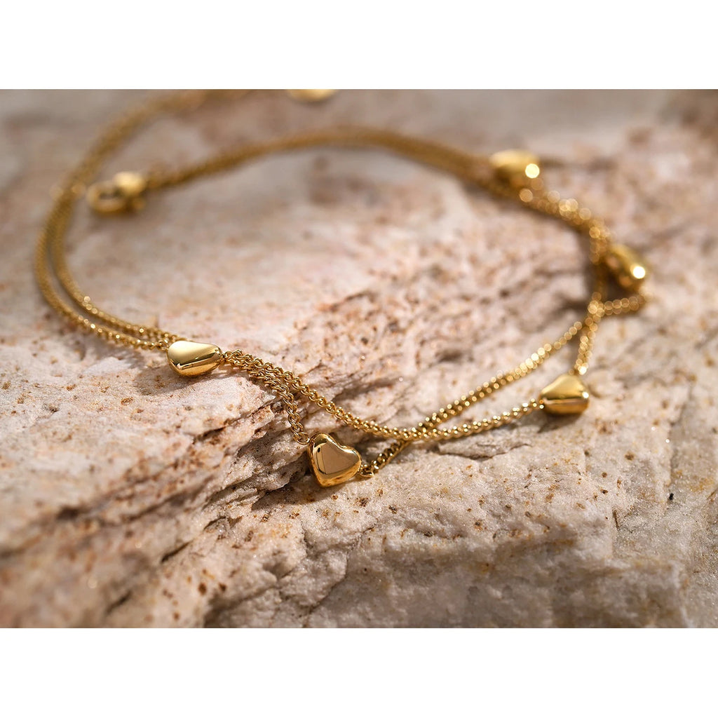 KIKA Chic Stainless Steel 316L Love Double Layer Anklet 18K Gold PVD Plated Waterproof Metal