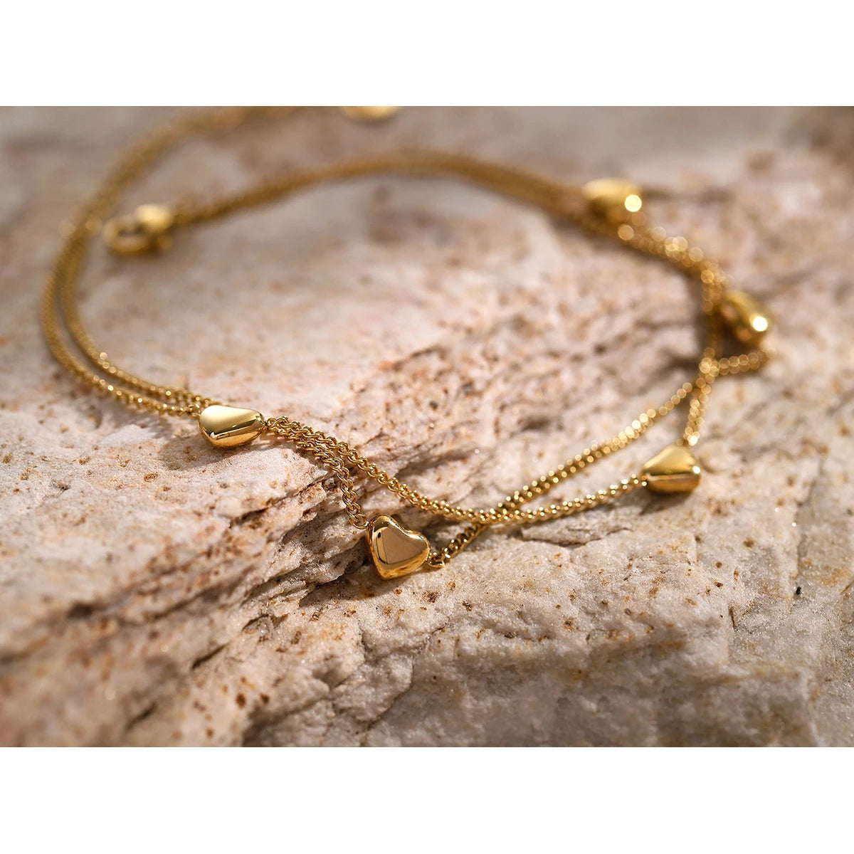 KIKA Chic Stainless Steel 316L Love Double Layer Anklet 18K Gold PVD Plated Waterproof Metal