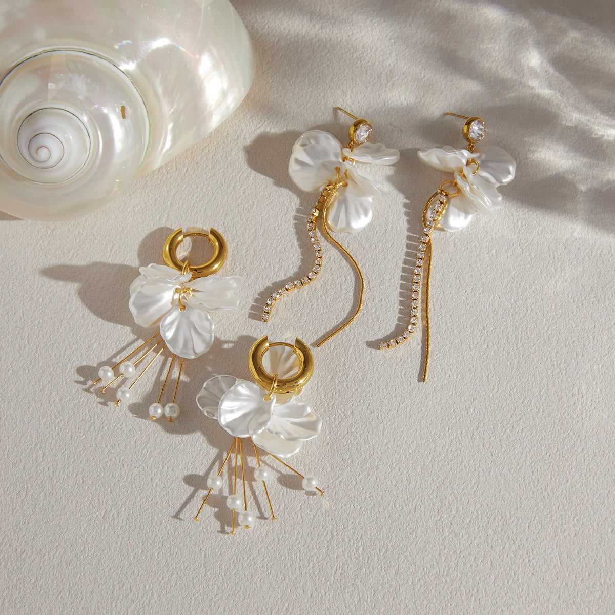 KIKA Delicate White Zircon Chain Acrylic Pearl Sheet Tassel Dangle OVD Plated Stainless Steel 316L
