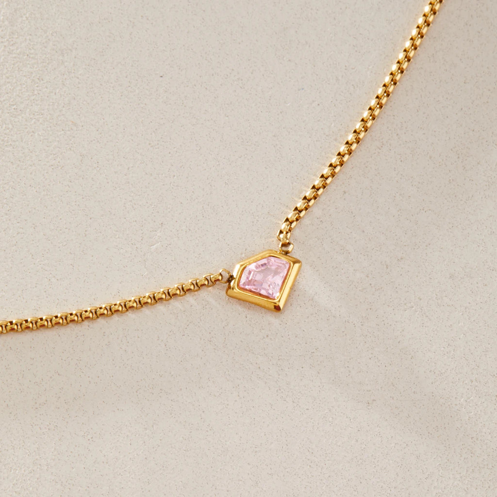 KIKA Geometric Pink Zircon Pendant Necklace For Women Minimalist 18K Gold PVD Plated Stainless Steel Necklace Fashion Jewelry