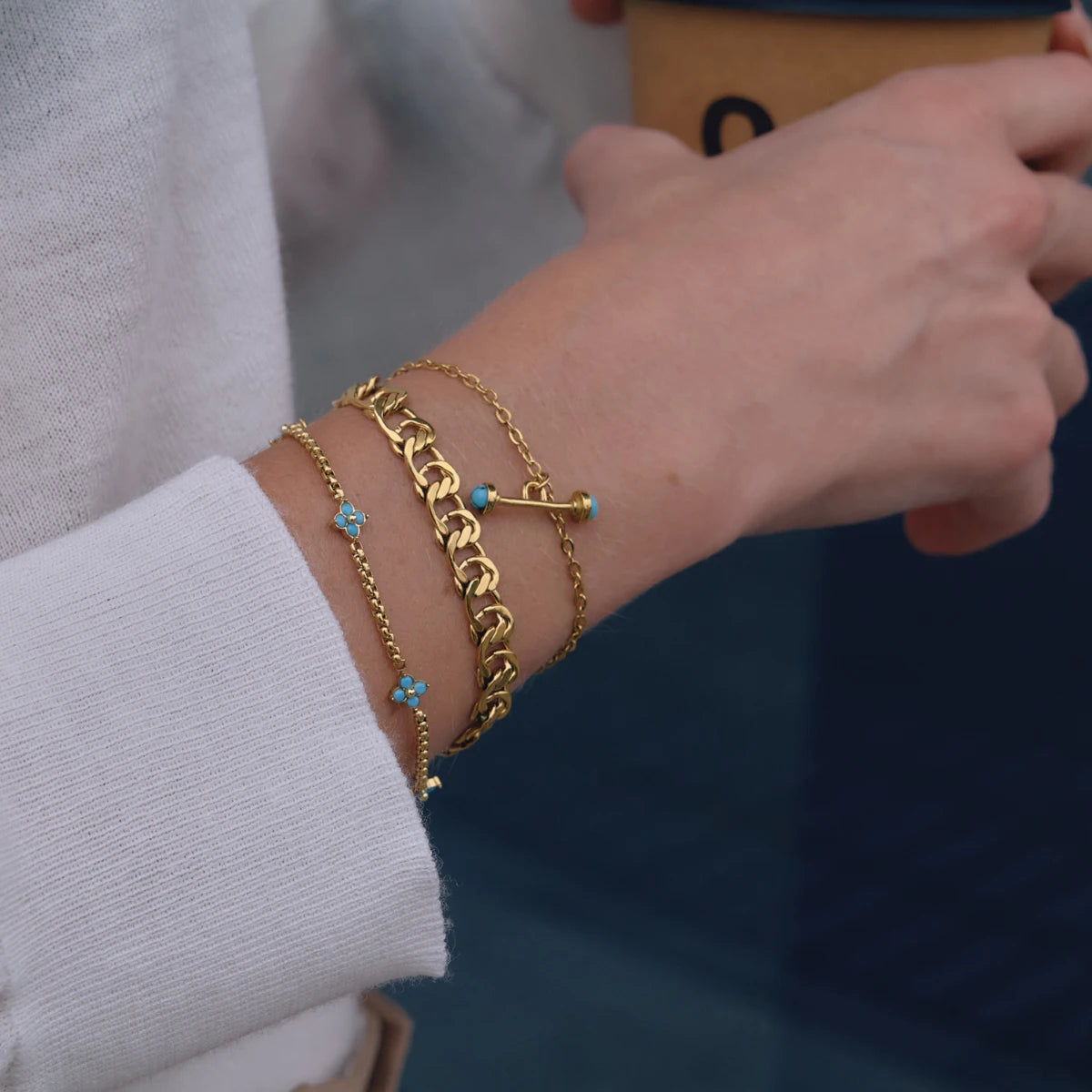 KIKA Elegant Blue Flower T Bar Charm Bracelet For Women Minimalist 18K Gold Plated Stainless Steel Bracelet Fashion Jewelry
