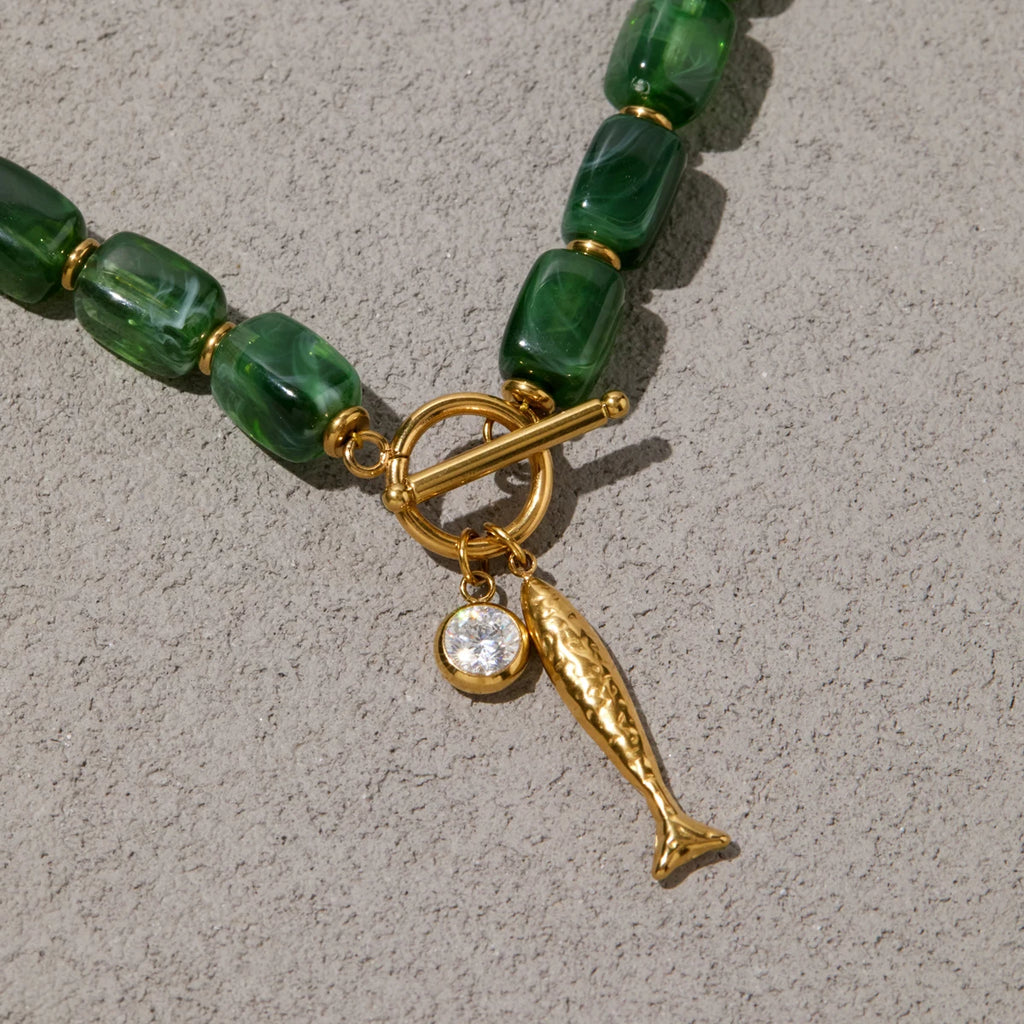 KIKA Green Resin Bead Chain Fish Pendant Necklace For Women 18K Gold PVD Plated Stainless Steel Necklace Fashion Jewelry Gift