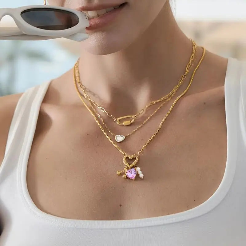 Kika Delicate Pink Heart-Shaped Zircon Pendant With Acrylic Pearl Cherry Charm Layered Necklace