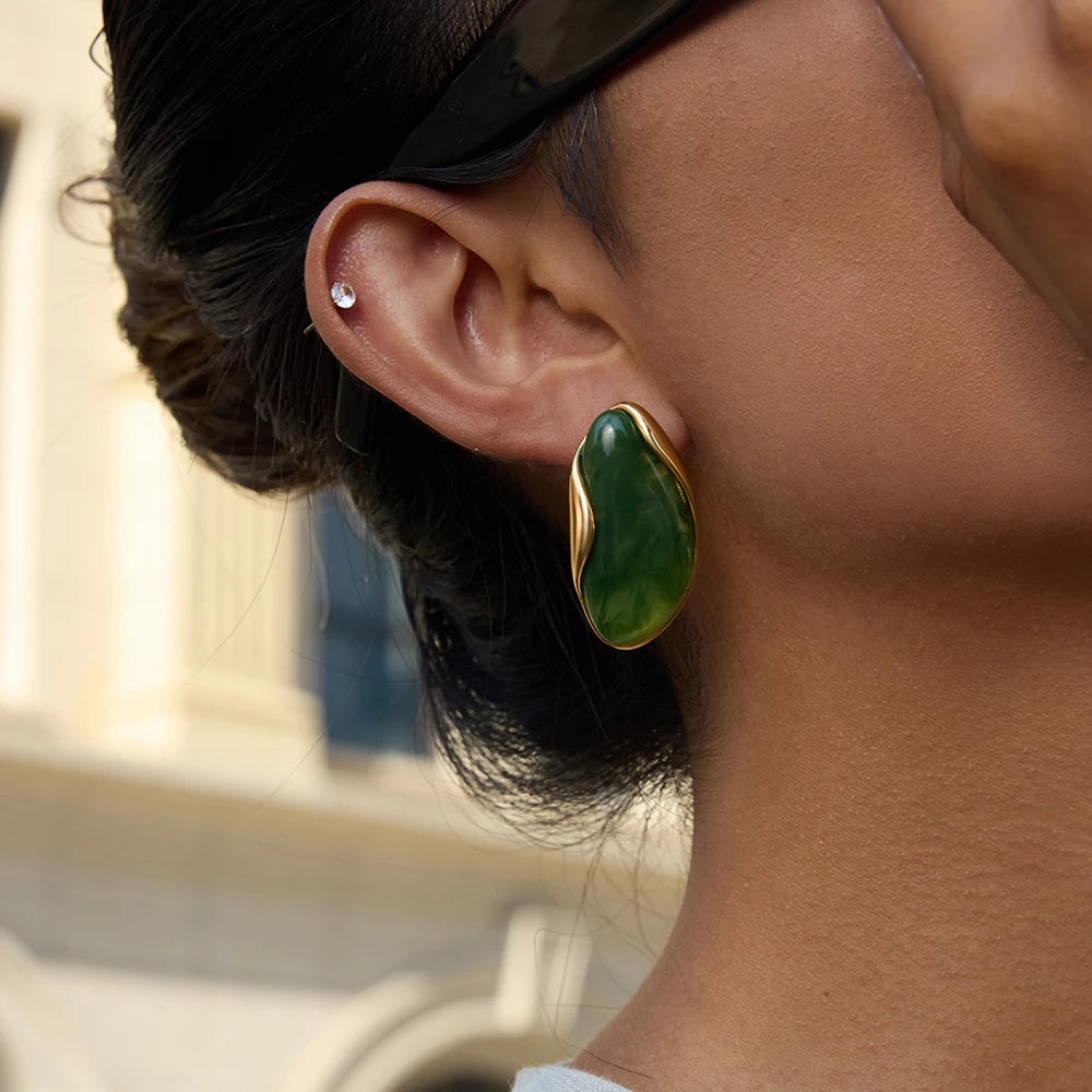Kika Retro 18K Gold Color Plated Stainless Steel Irregular Resin Ear Studs