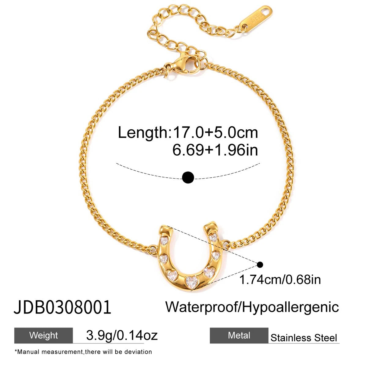 Independent Designer's White Heart-Shaped Zircon U-Shaped Horseshoe Pendant Bracelet