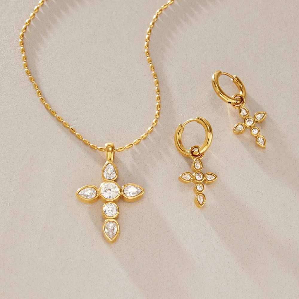 KIKA  Classic Zircon Cross Necklace Earrings  18K Gold PVD Plated Stainless Steel316L