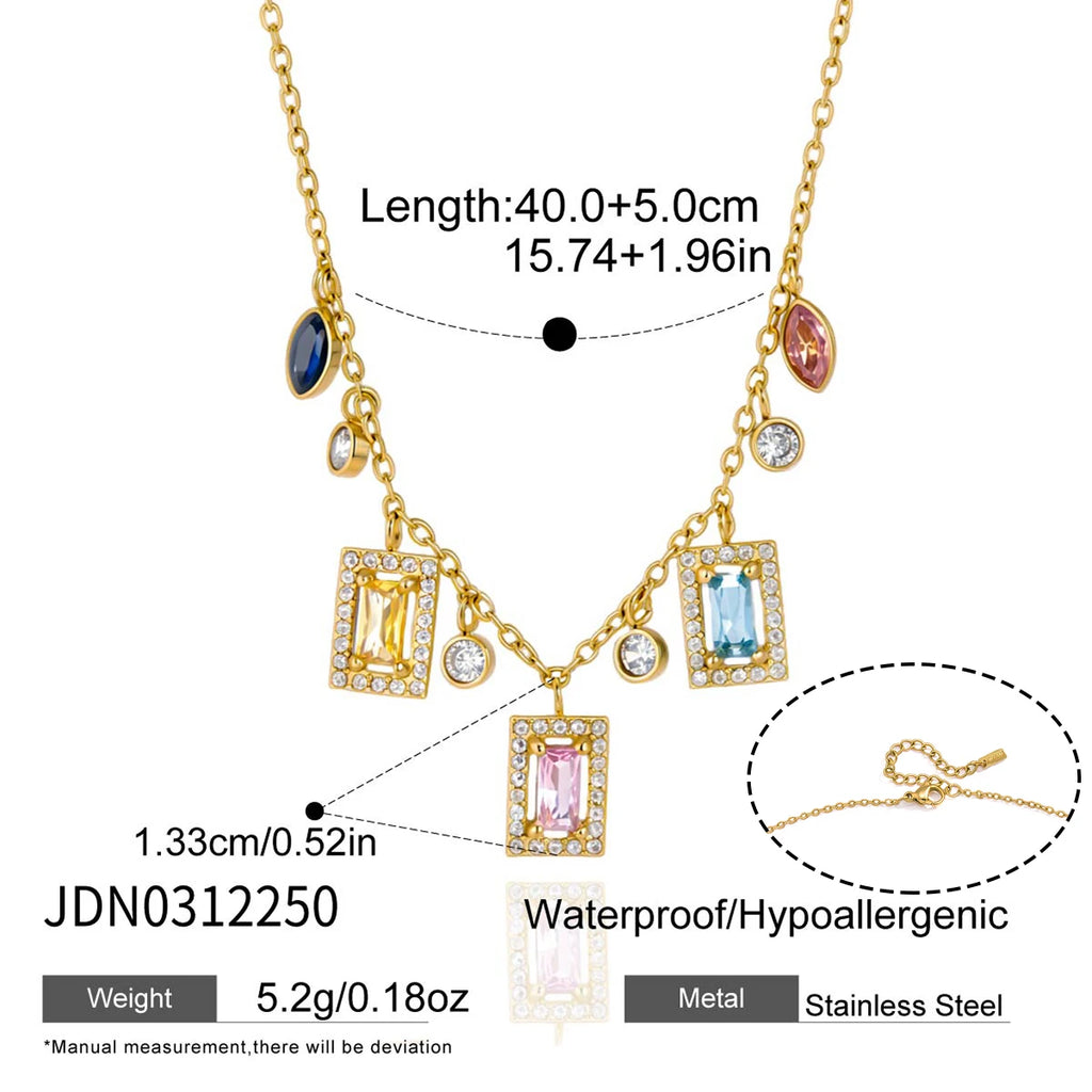 Kika Delicate 18K Colorful Square Geometric Zircon Pendant Bead Chain Necklace