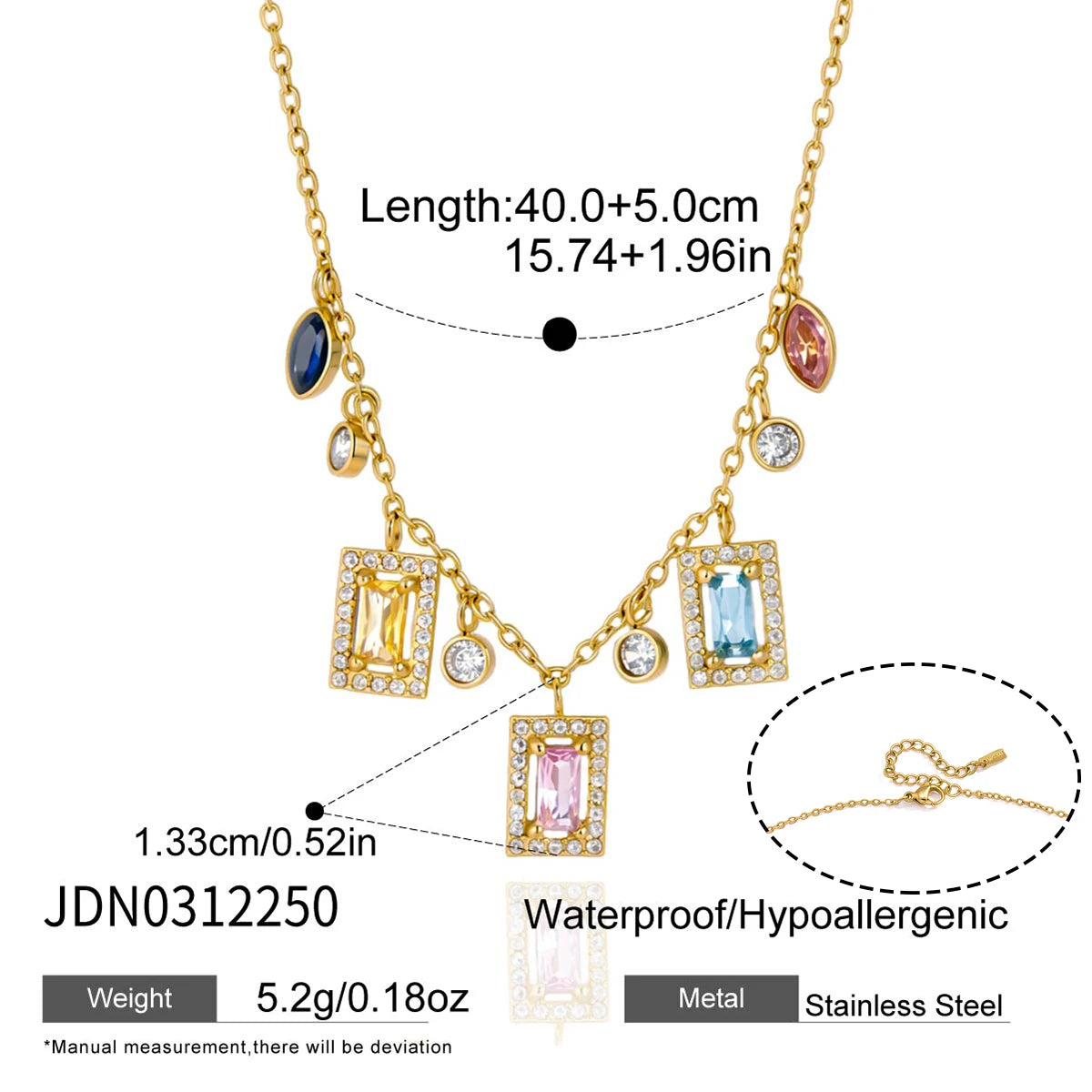 Kika Delicate 18K Colorful Square Geometric Zircon Pendant Bead Chain Necklace