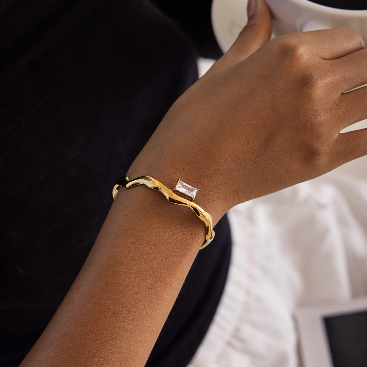 Inlay Square Shape Zircon Wave Open Bracelets