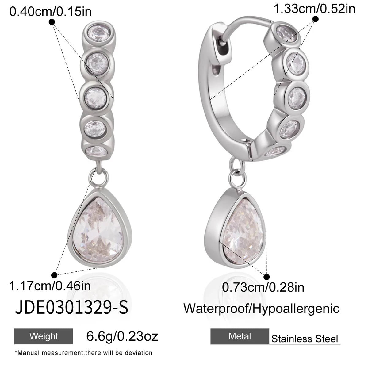 KIKA Delicate Round Water Drop Zircon Earrings PVD Plated Stainless Steel 316L