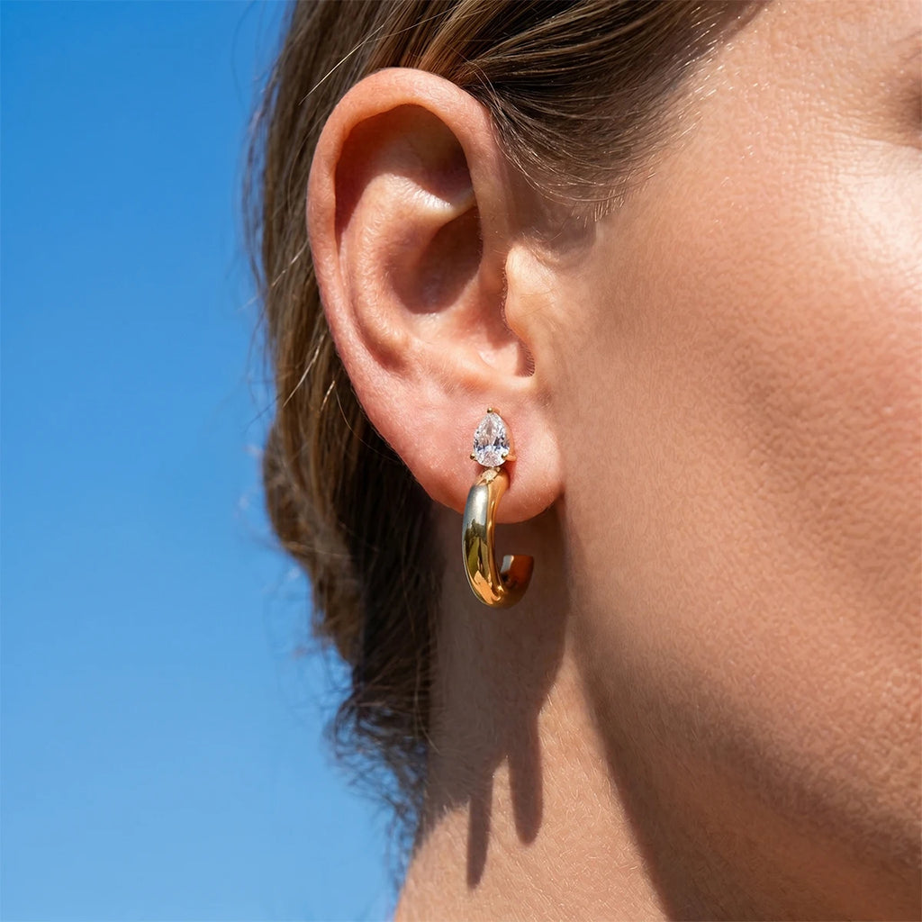 KIKA Water Drop Zircon C Shape Stud EarringsGold PVD Plated Stainless Steel316L