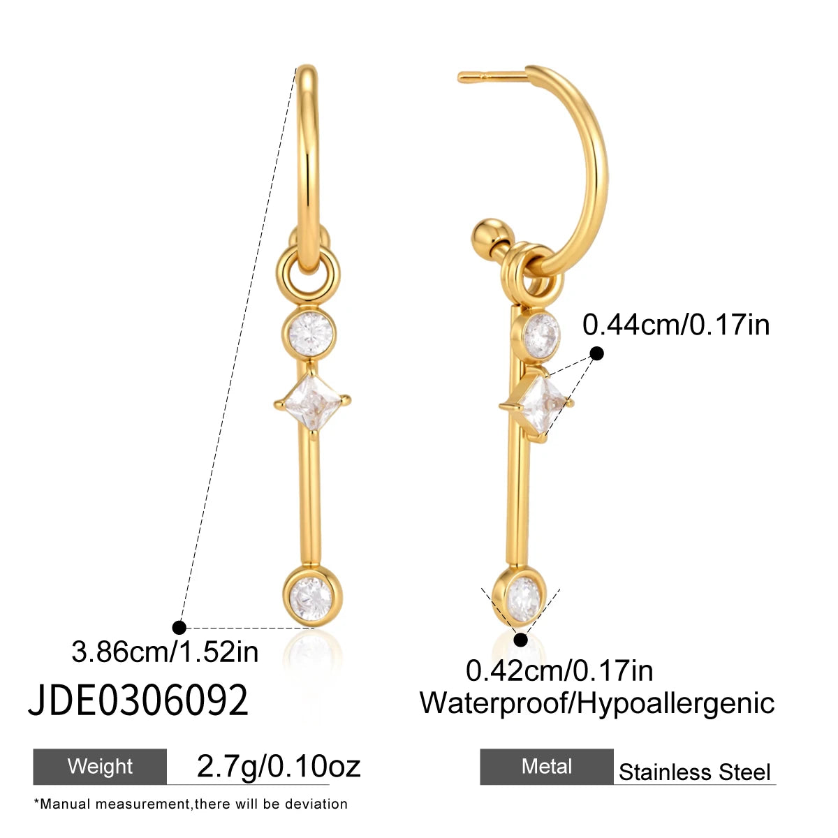 KIKA Detachable Zircon Imitation Pearl Drop Earrings PVD 18K Gold Plated Stainless Steel 316L