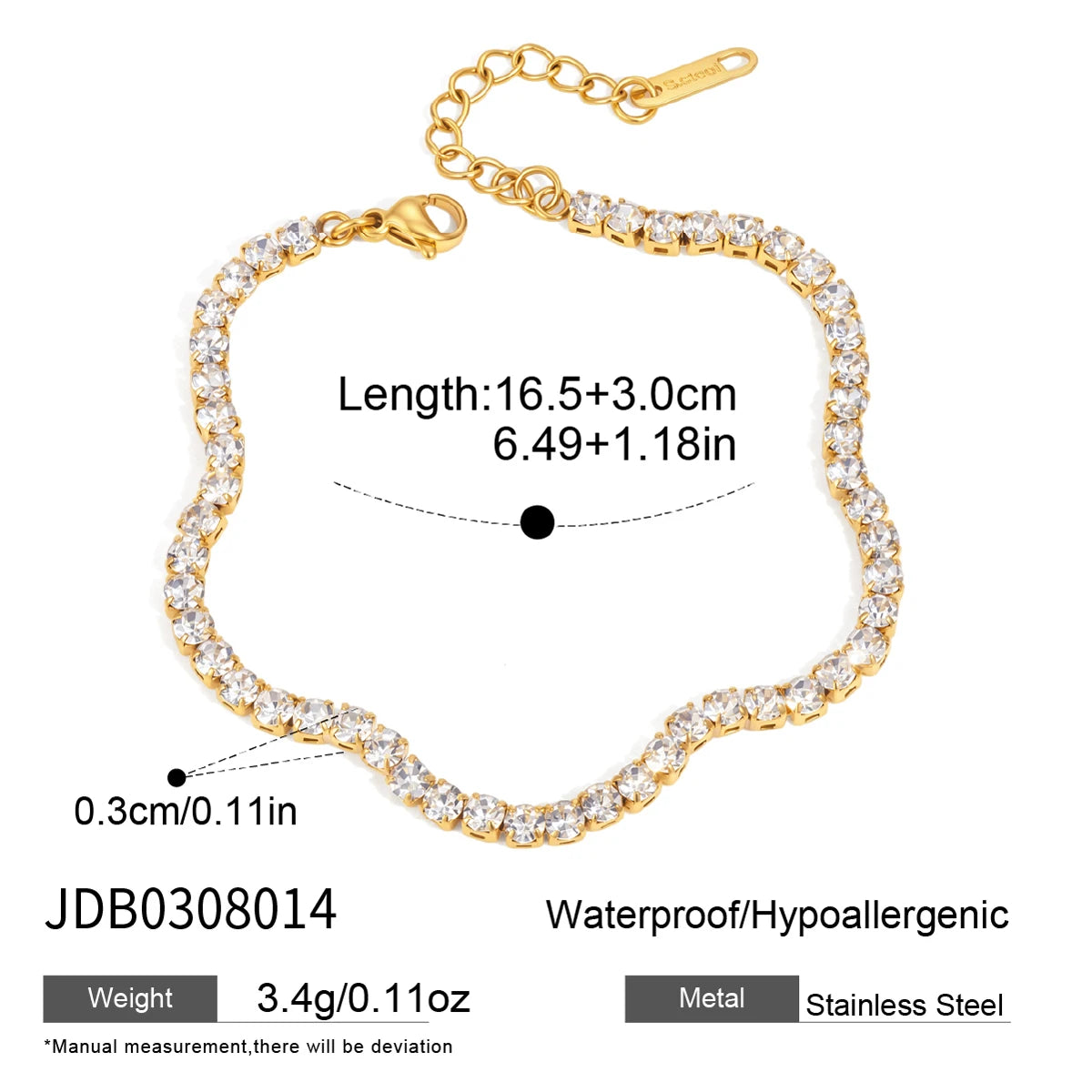 KIKA Classic Crystal Tennis Chain Wave Shape Bracelet For Women 18K Gold PVD Plated Stainless Steel Bracelet Fashion Jewelry