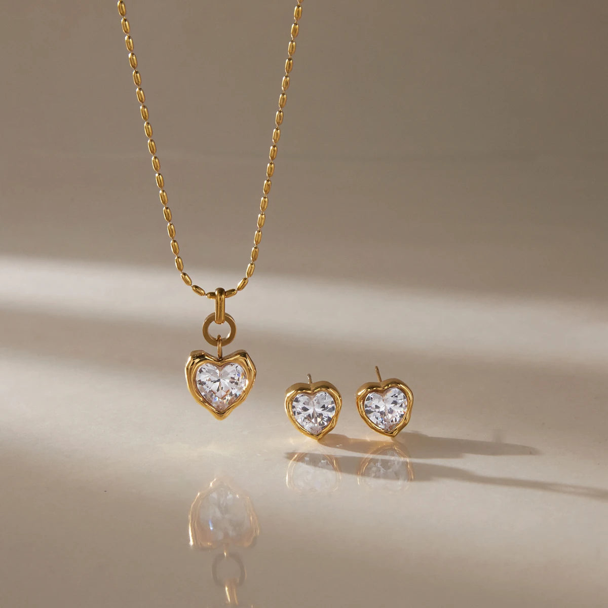 Kika Romantic Heart Zircon Necklace Earrings Jewelry Set 18K Gold PVD Plated Stainless Steel 316L