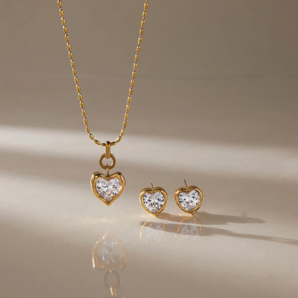 Kika Romantic Heart Zircon Necklace Earrings Jewelry Set 18K Gold PVD Plated Stainless Steel 316L