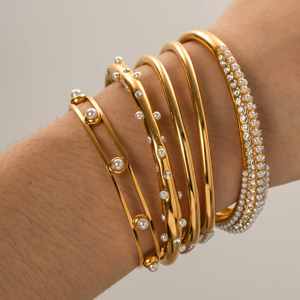 Kika Waterproof Metal Texture 18K Gold Color Stainless Steel Cuff Open Bracelet Bangle
