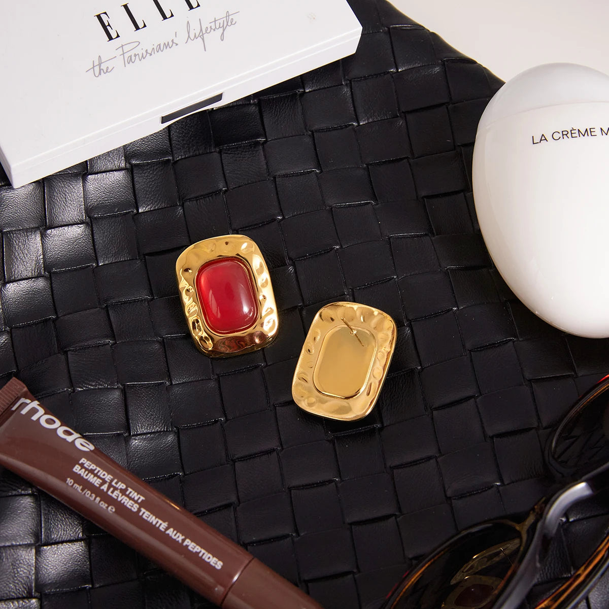 Kika Vintage Hammer Pattern Square Red Resin Ear Studs 18K Gold Color Plated Stainless Steel