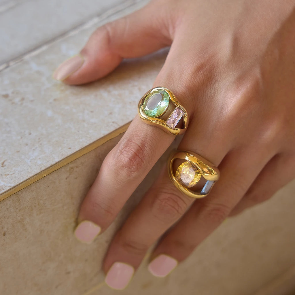 KIKA Chunky Multicolor Big Zircon Hollow Open Ring 18K Gold PVD Plated Stainless Steel 316Lt
