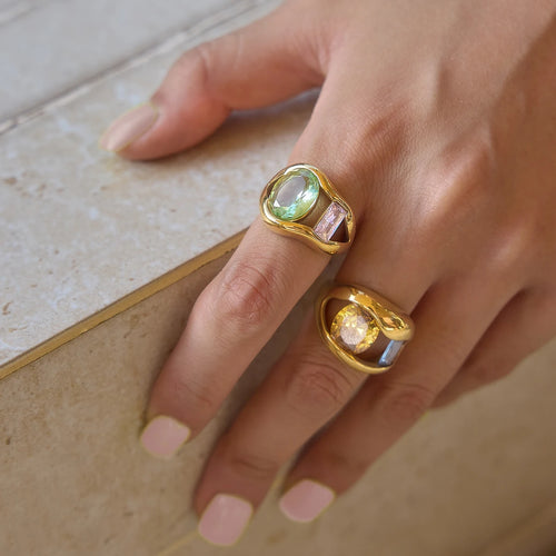 KIKA Chunky Multicolor Big Zircon Hollow Open Ring 18K Gold PVD Plated Stainless Steel 316Lt