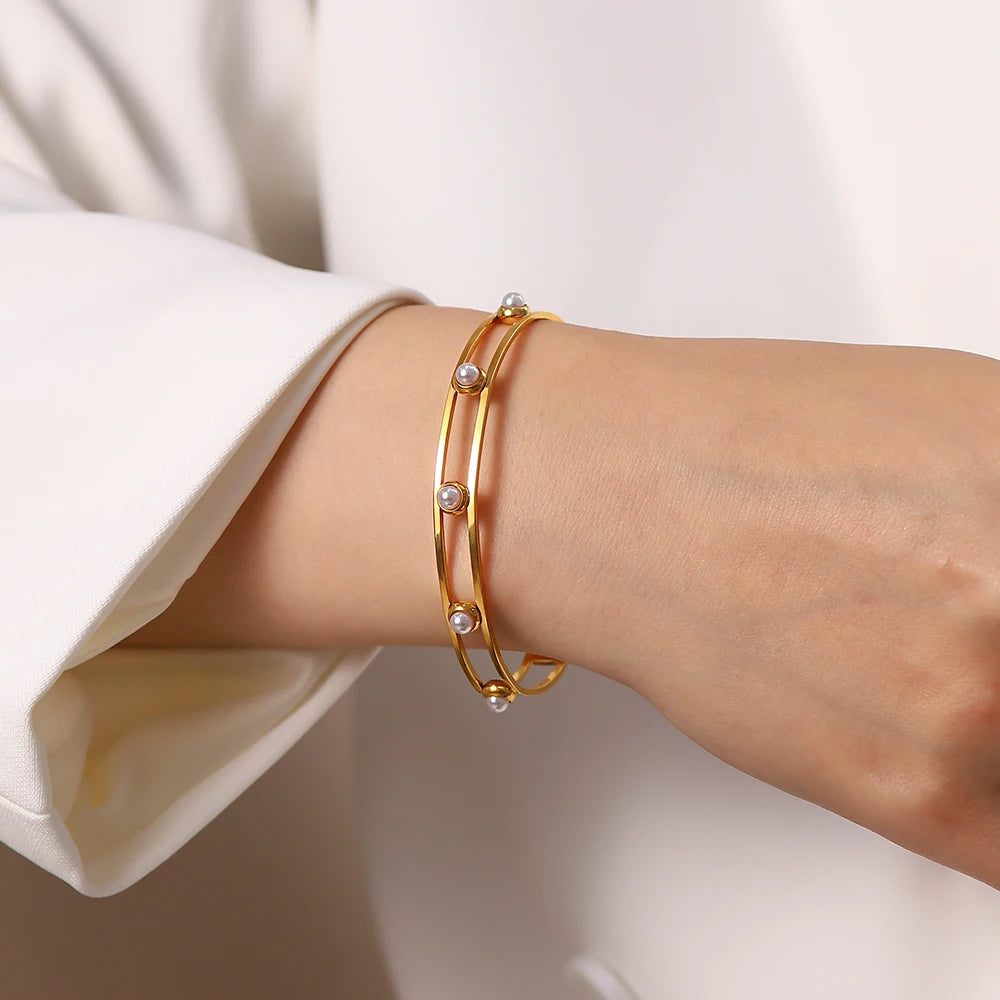 Kika Waterproof Metal Texture 18K Gold Color Stainless Steel Cuff Open Bracelet Bangle