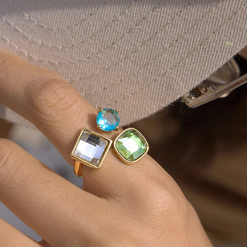 KIKA Delicate Square Yellow Blue White Spliced Zircons Open Ring PVD Plated Stainless Steel 316L