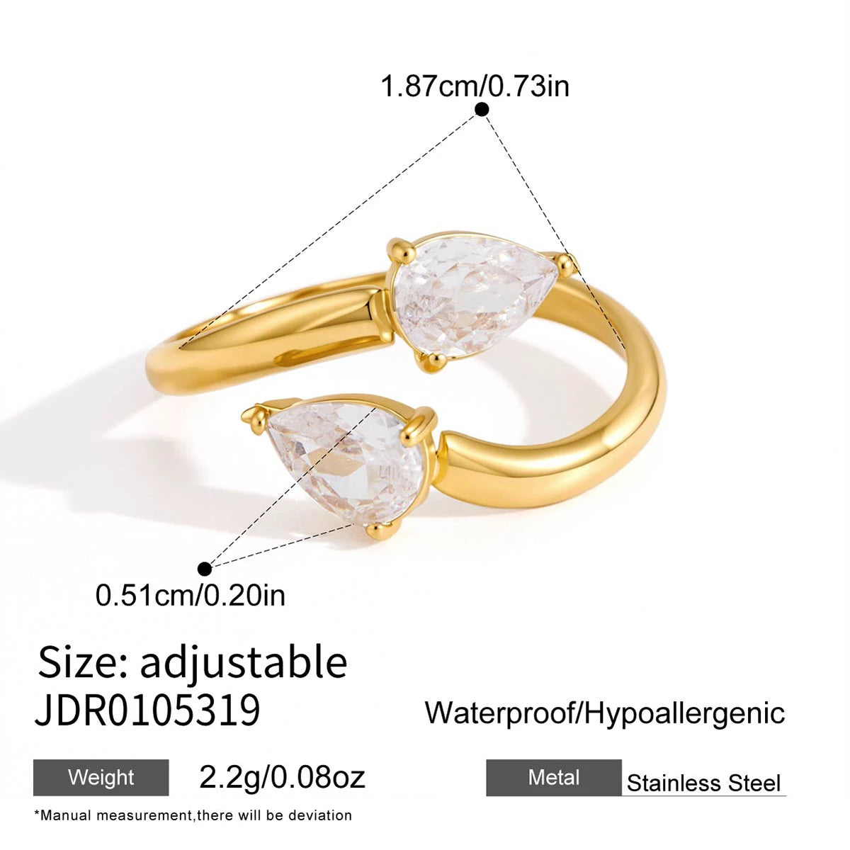 KIKA Delicate Zircon Geometric Open Rings 18K Gold PVD Plated Stainless Steel 316L