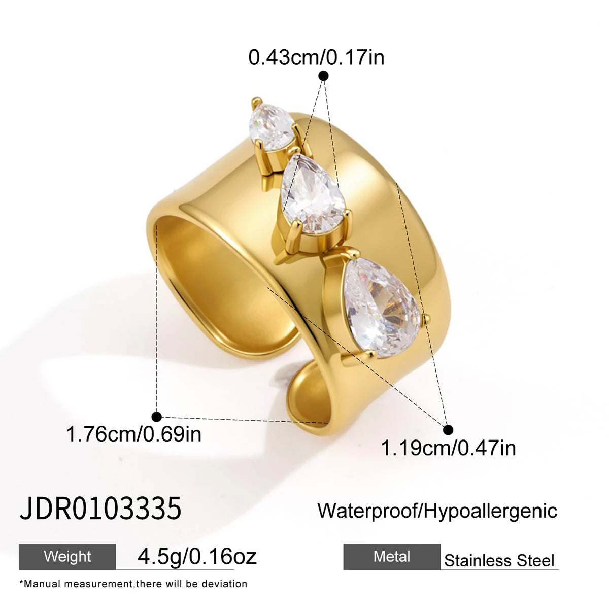 KIKA Pear CZ Gradient Wide Open Adjustable Ring PVD Plated Stainless Steel Hypoallergenic