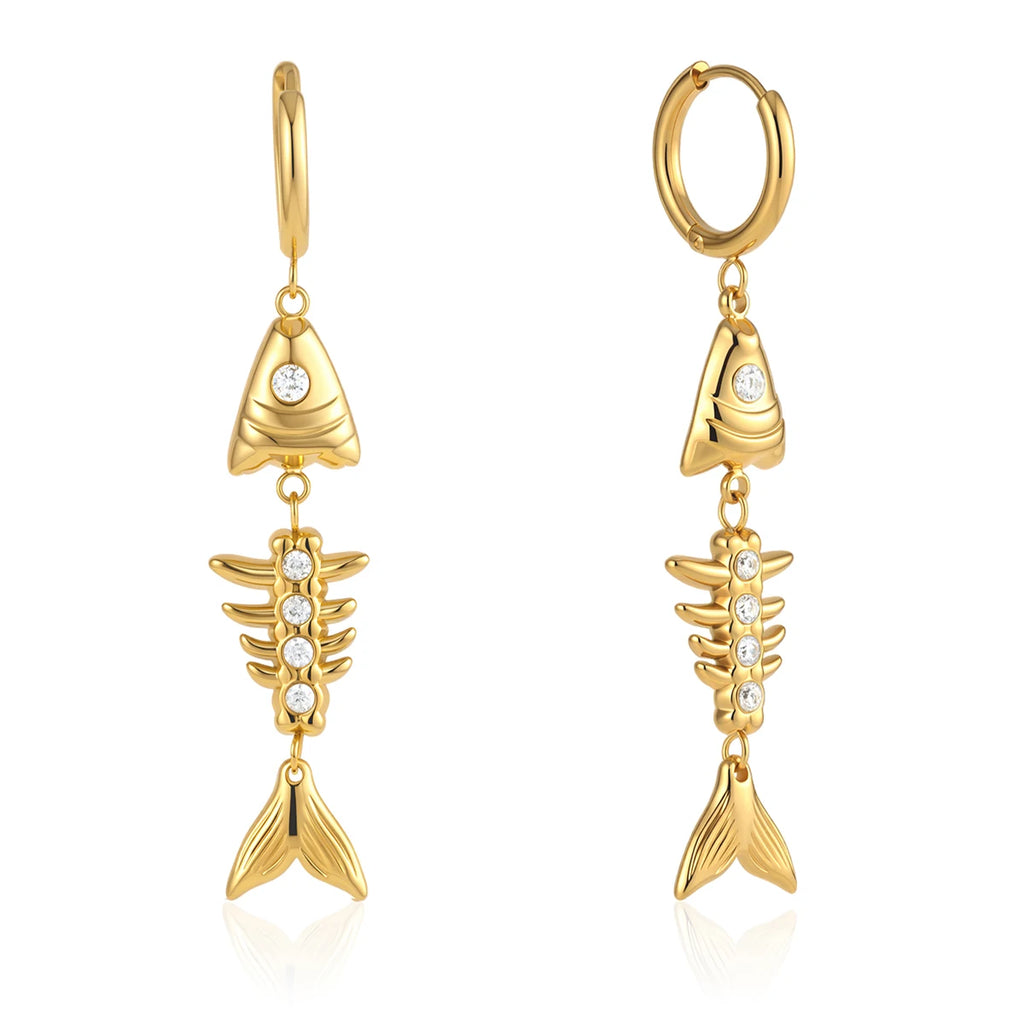 Kika Delicate White Zircon Fish Bone Pendant Earrings