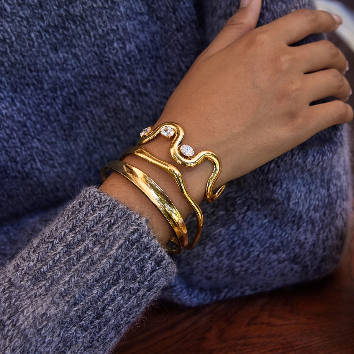 KIKA Classic Trendy 18K Gold Color PVD Plated Elliptical White Zircon Irregular Open Bracelets Waterproof Stainless Steel 316L