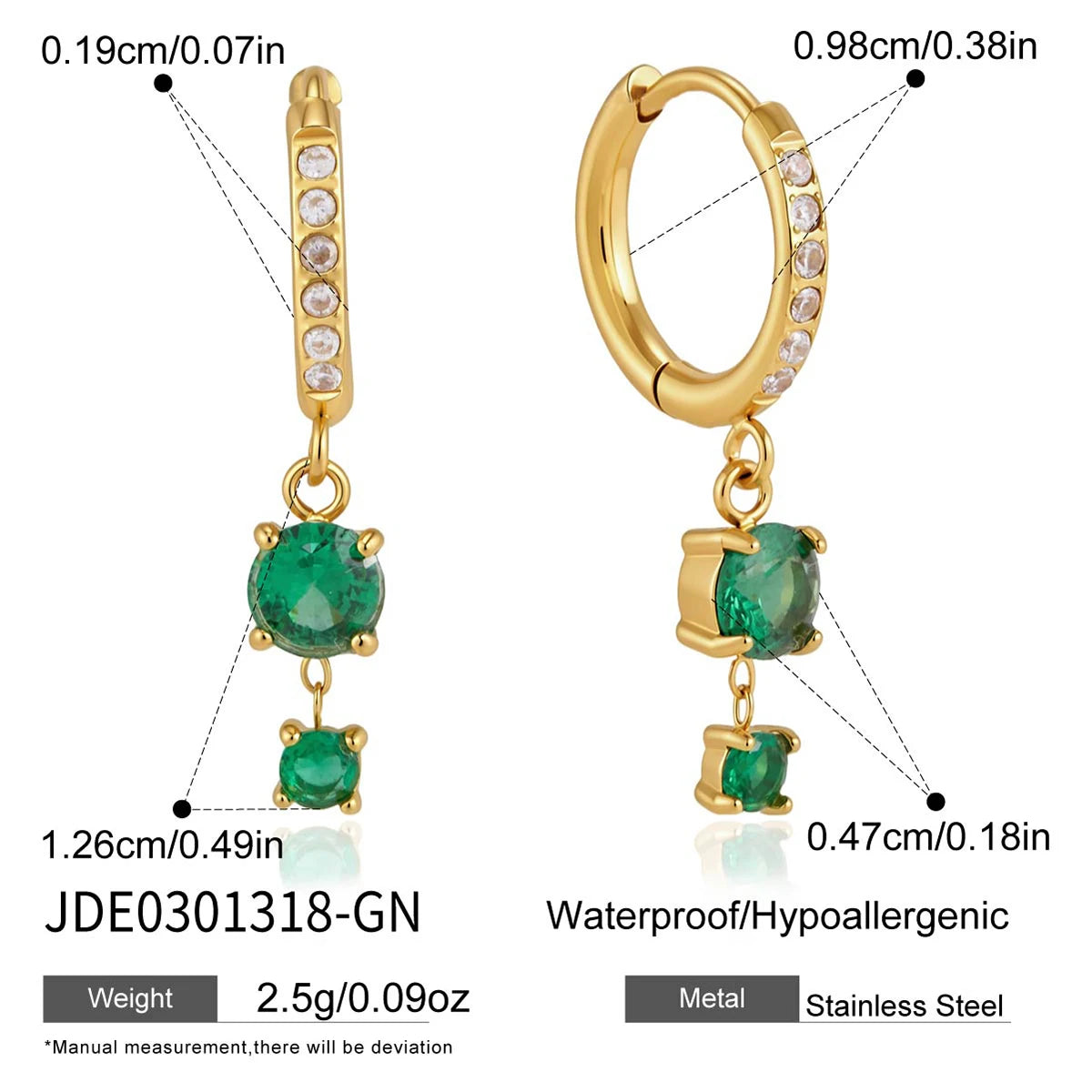 KIKA Green Glass White Zircon Drop Earrings PVD Gold Plated Stainless Steel 316L