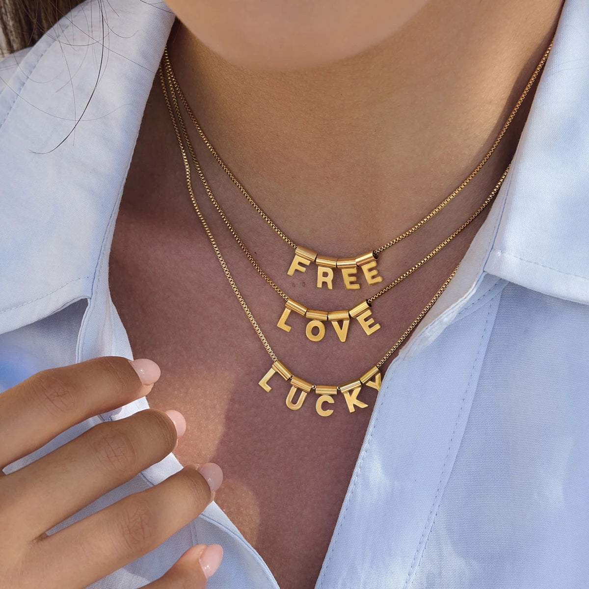 KIKA Slideable Letter Pendant Necklace  18K Gold PVD Plated Stainless Steel 316Lt