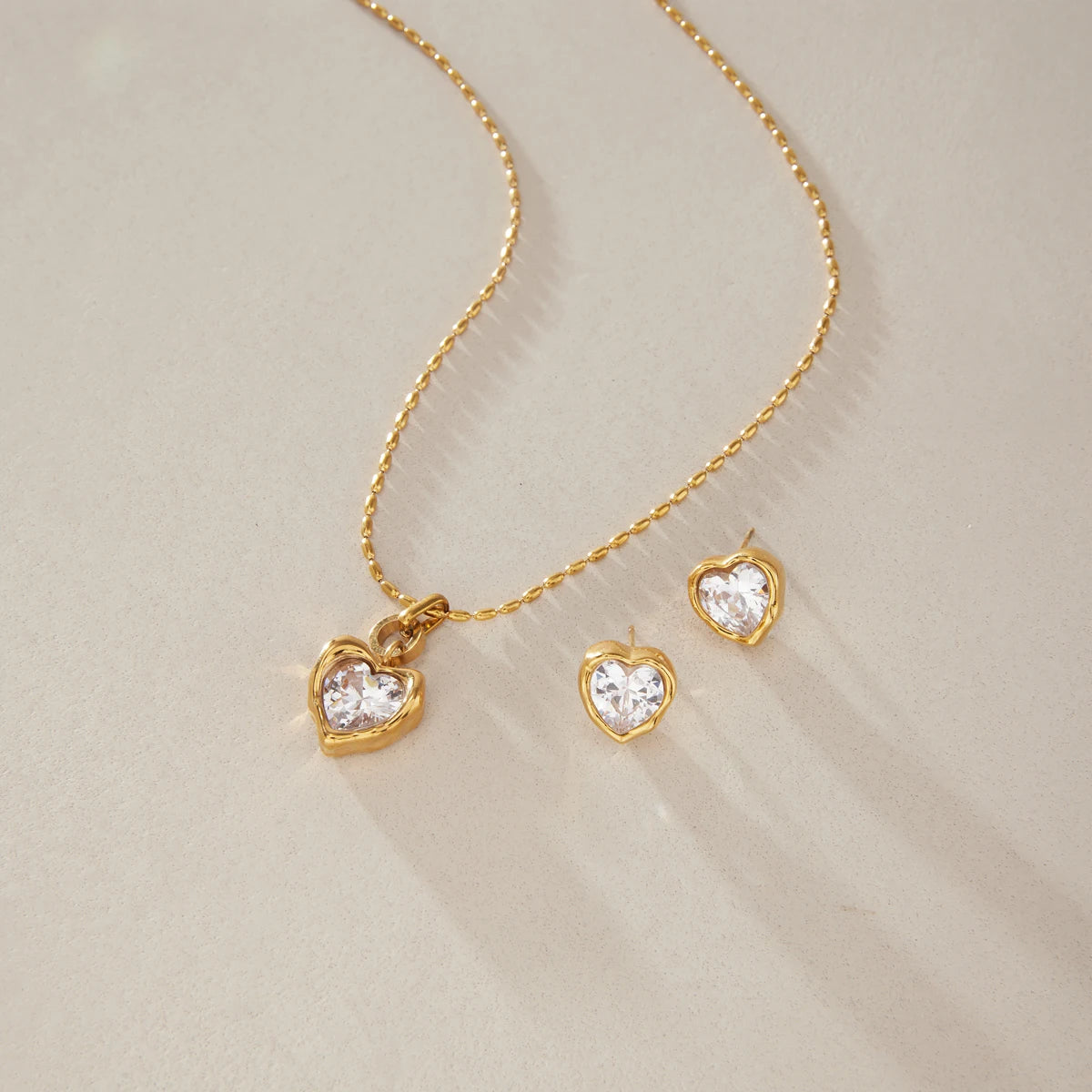 Kika Romantic Heart Zircon Necklace Earrings Jewelry Set 18K Gold PVD Plated Stainless Steel 316L