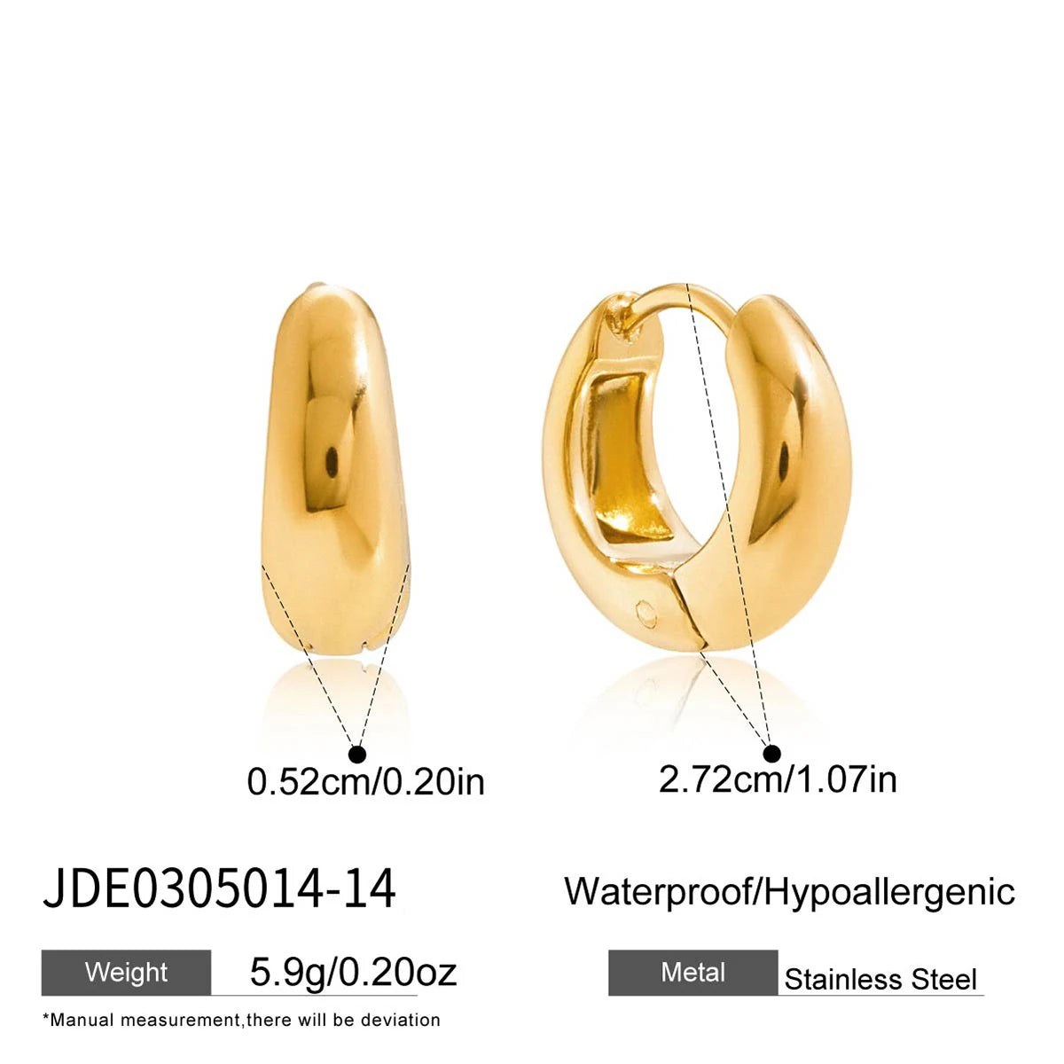 KIKA Simple Classic 18K Gold Color PVD Plated Stainless Steel 316L Chubby Earrings 12mm 14mm 18mm