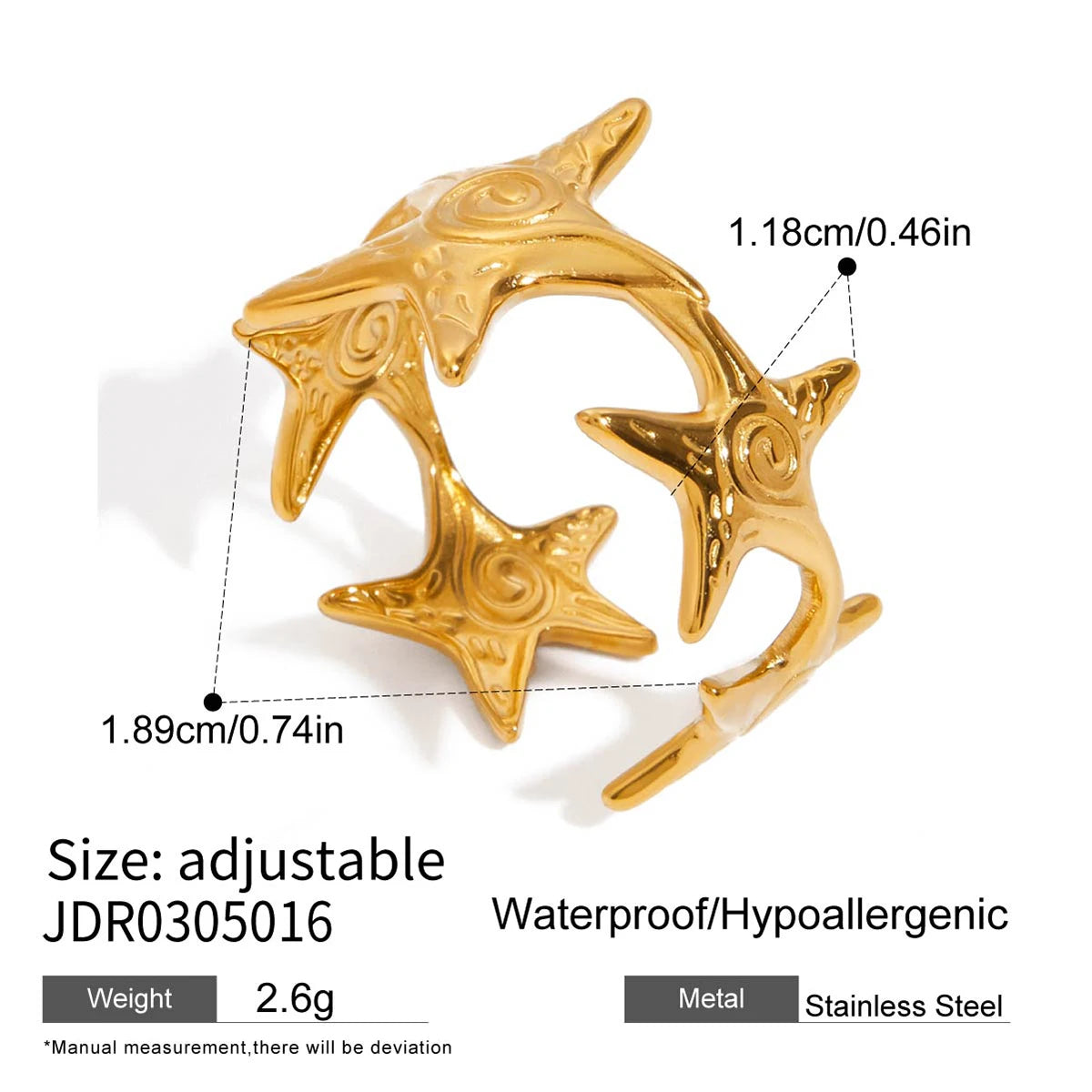 KIKA  Vacation Ocean Wind 18K Gold Color Plated Stainless Steel 316L Hollow Shell Ring Starfish Coral Stackable Ring