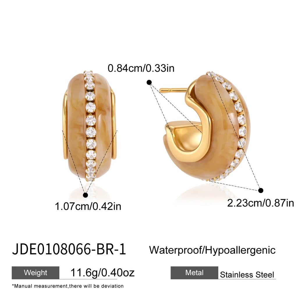 KIKA Zircon Resin Stud Earrings For Women Minimalist C Shape 18K Gold PVD Plated Stainless Steel Earrings Fashion Jewelry Gift
