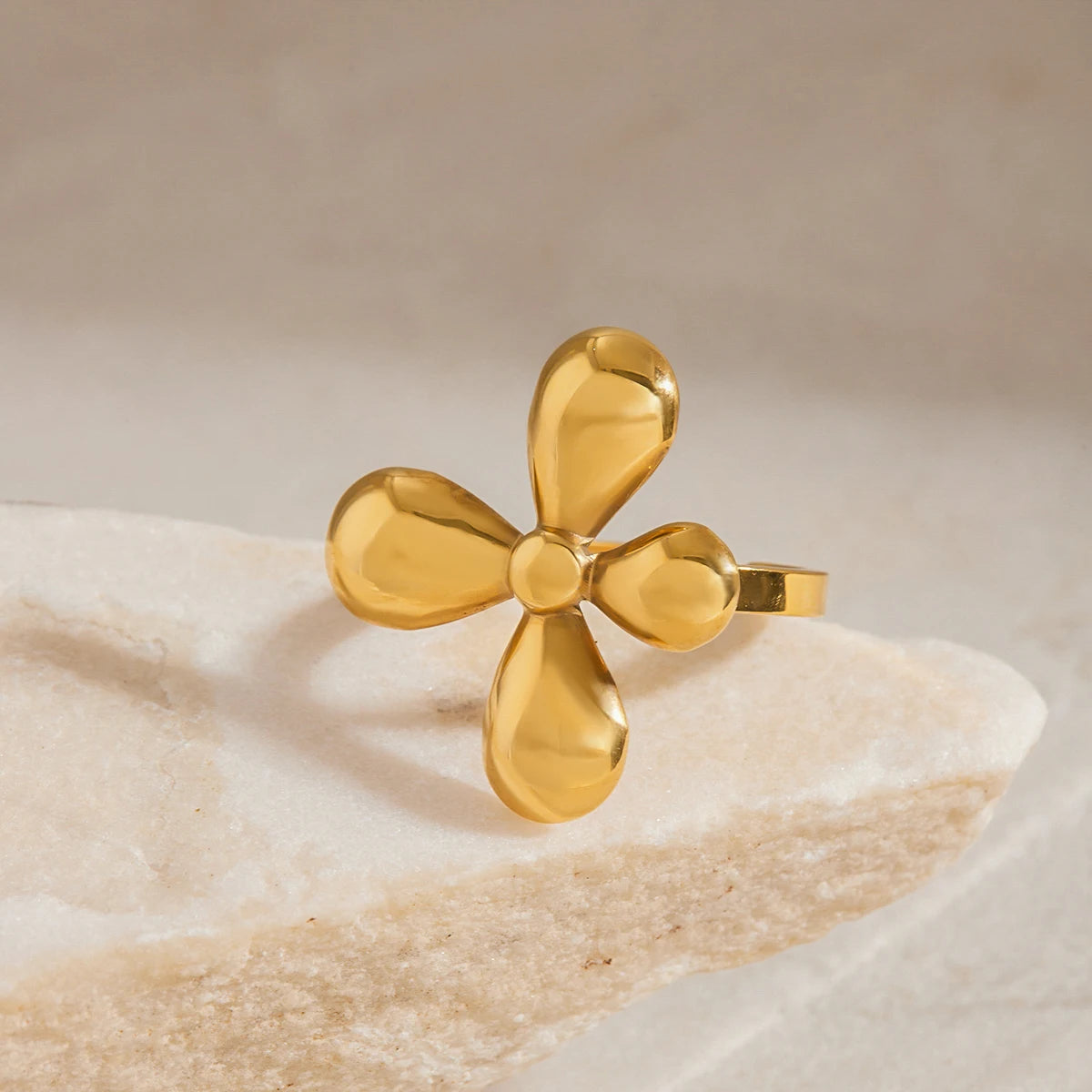 KIKA Fashion Four Petal Flower Adjustable Ring PVD Plated Stainless Steel 316L